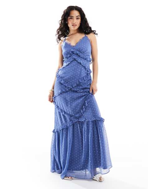 Anaya - Midi jurk met ruches en kanten rand in blauw - view 1