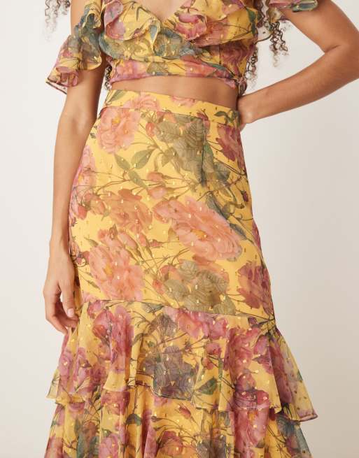 Anaya - Midi rok met bloemenprint en ruches in geel, 2 van 5