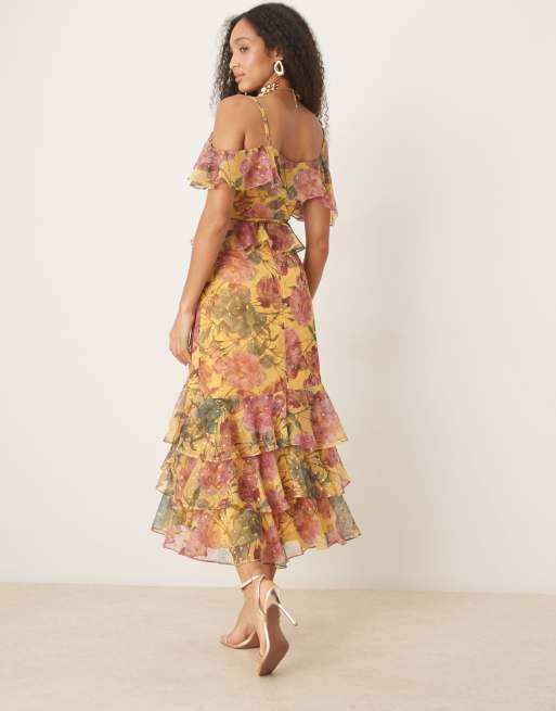 Anaya - Midi rok met bloemenprint en ruches in geel, 3 van 5