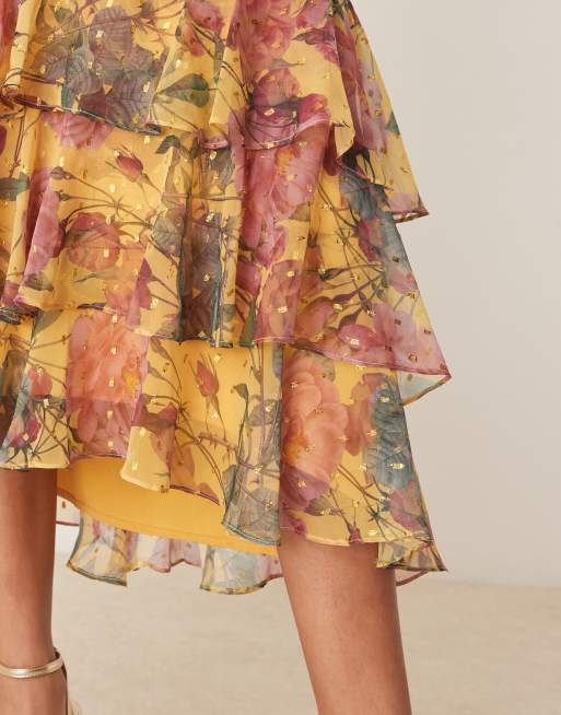 Anaya - Midi rok met bloemenprint en ruches in geel, 5 van 5