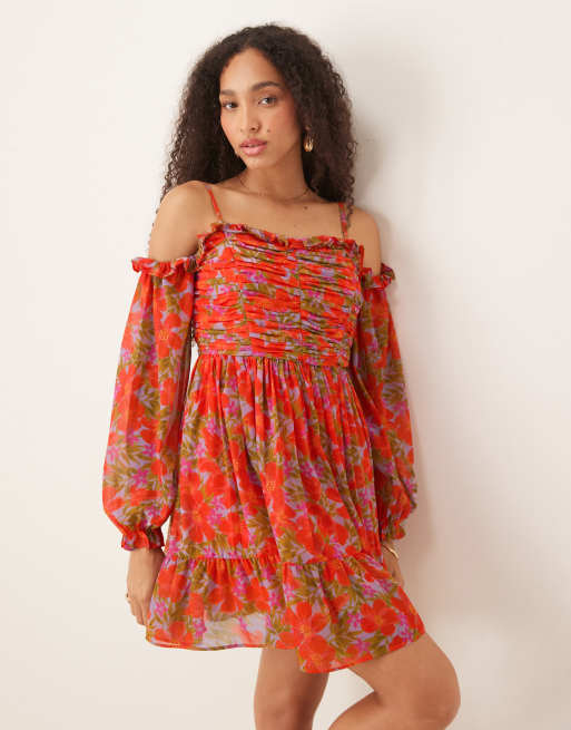 Anaya - Mini jurk met bardothals, lange mouwen en bloemenprint in multi
