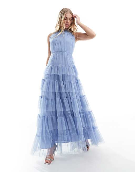 Anaya – Niebieska tiulowa sukienka maxi z dekoltem halter
