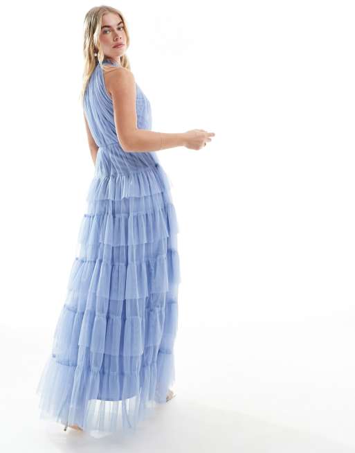 Anaya – Niebieska tiulowa sukienka maxi z dekoltem halter, 4 z 4