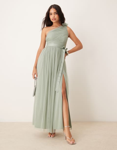 Anaya One ruffle shoulder bridesmaid maxi dress in frosty green - view 1