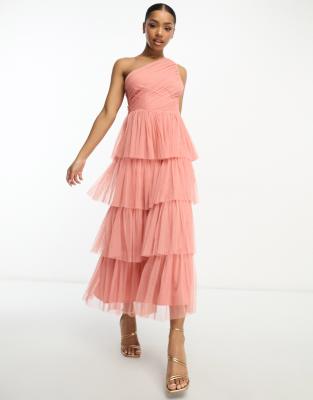 Anaya Anaya one shoulder tiered midaxi dress in coral-Orange