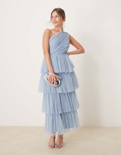 Anaya One shoulder tiered midi dress in soft blue - view 1
