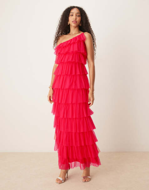 Anaya One shoulder tiered ruffle maxi dress in paradise pink