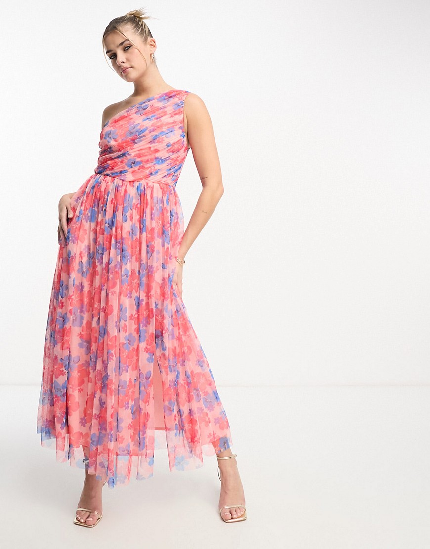 one shoulder tulle midaxi dress in floral print-Multi