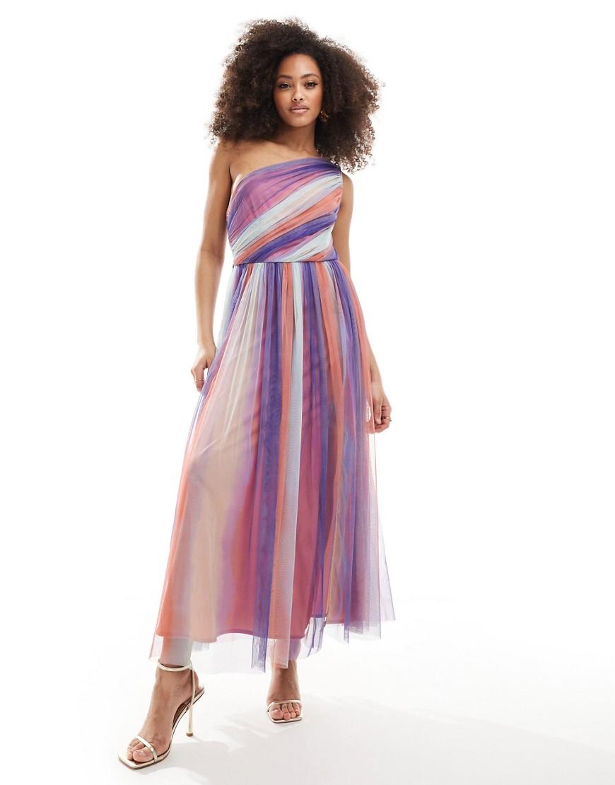one shoulder tulle midaxi with split in multi colored stripe
