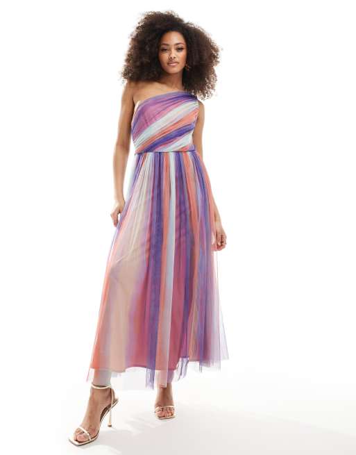 Anaya one shoulder tulle midaxi with split in multi coloured stripe 