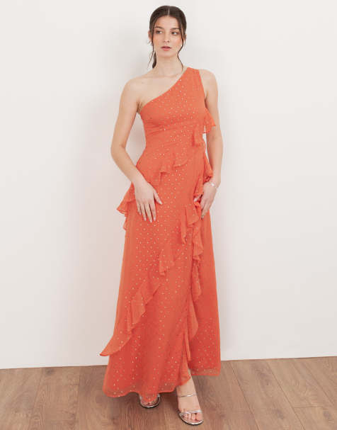 Anaya One shoulder waterfall ruffle maxi dress in coral - view 1