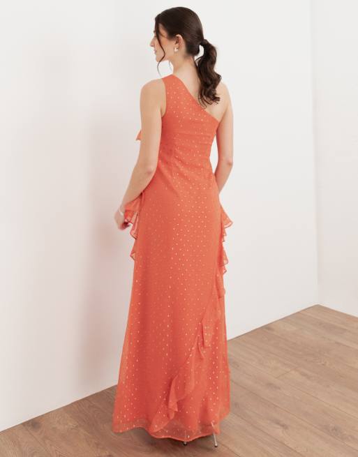 Anaya One shoulder waterfall ruffle maxi dress in coral, 2 of 4