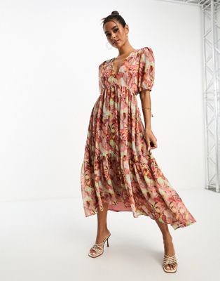 Anaya open back midi dress with puff sleeve in floral print