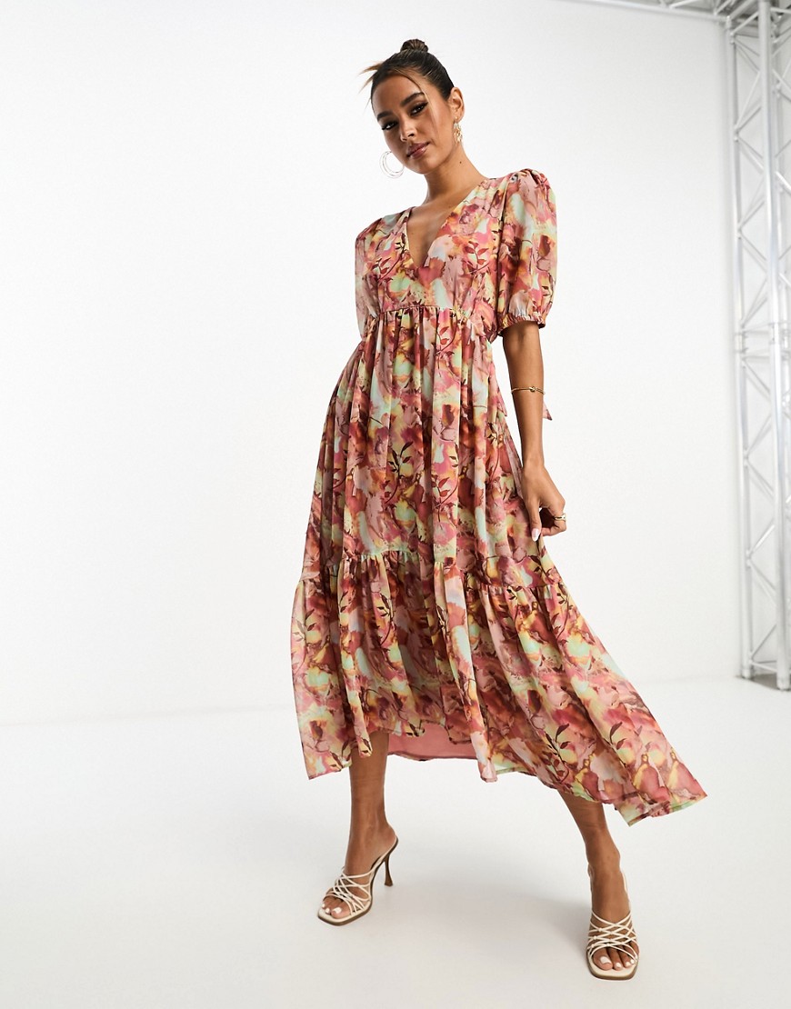 open back midi dress with puff sleeve in floral print-Multi