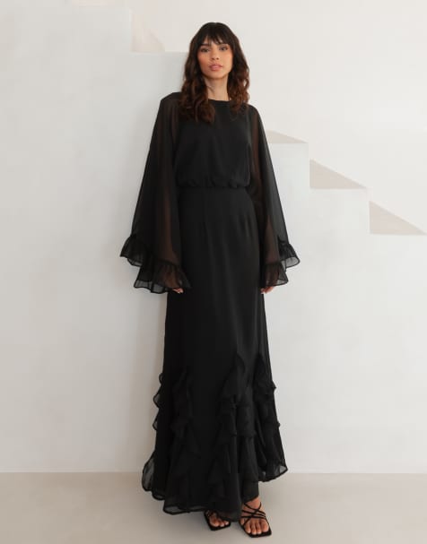 Anaya Oversized ruffle sleeve maxi dress in black