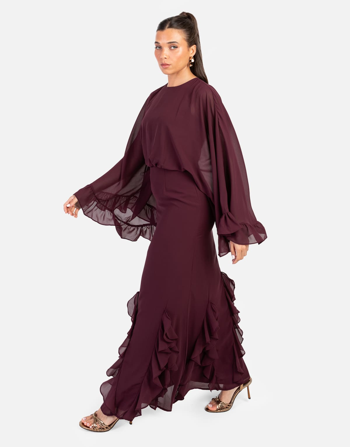 Anaya Oversized sleeve round neck ruffle maxi dress in maroon