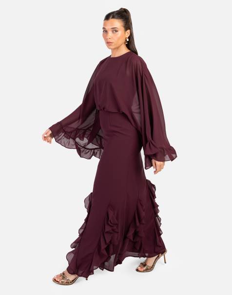 Anaya Oversized sleeve round neck ruffle maxi dress in maroon