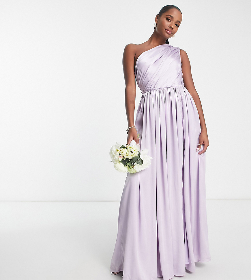 Anaya Petite Bridesmaid satin one shoulder thigh split dress in lilac-Purple