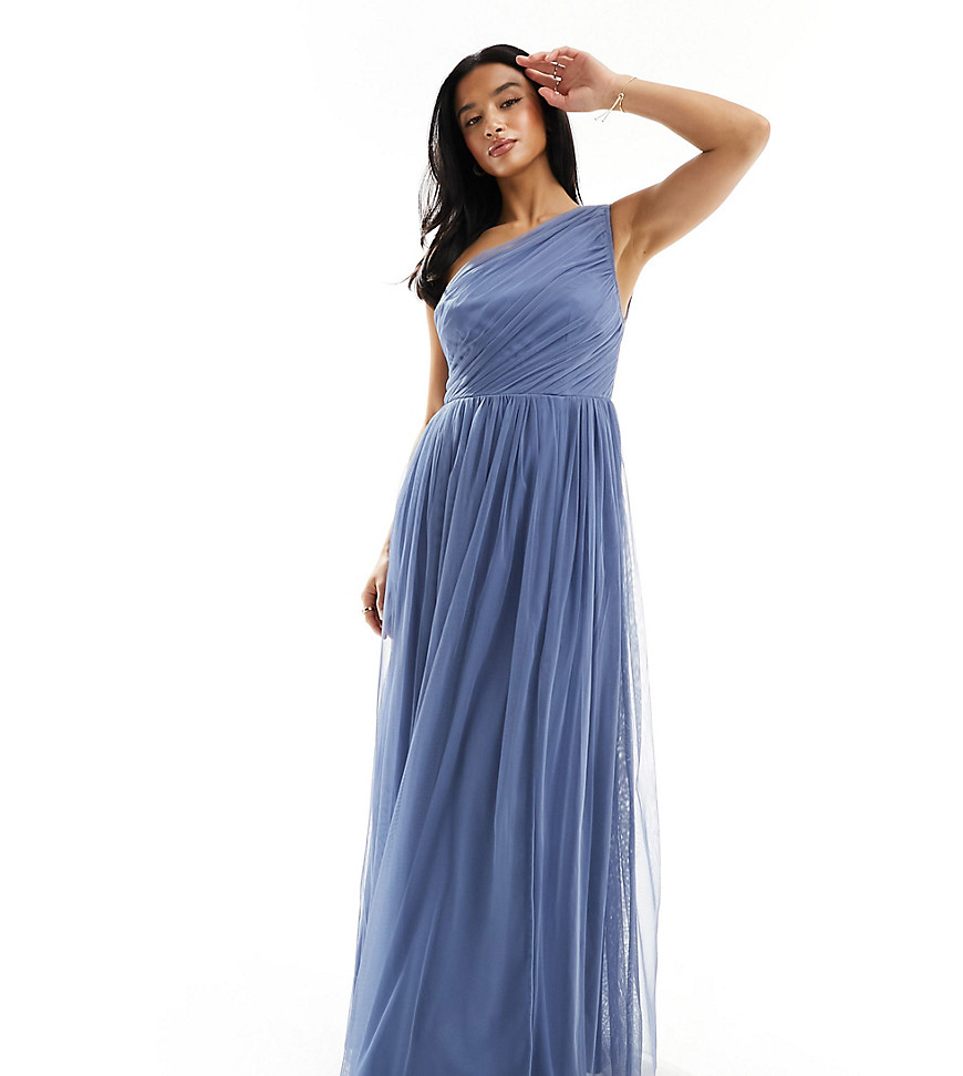 Bridesmaid tulle one shoulder maxi dress in blue