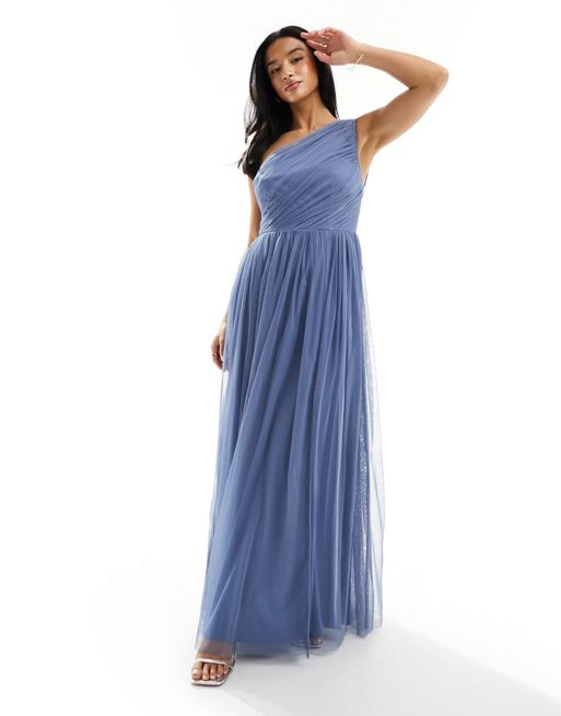 Anaya Petite Bridesmaid tulle one shoulder maxi dress evening in blue