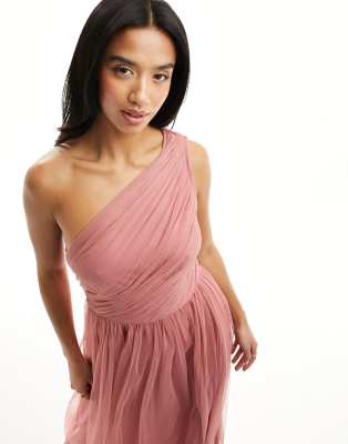 Anaya Petite Anaya Petite Bridesmaid tulle one shoulder maxi dress in dusty pink