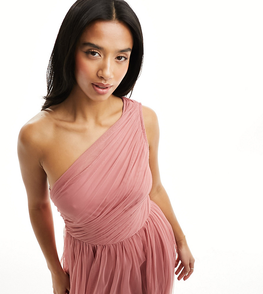 Bridesmaid tulle one shoulder maxi dress in dusty pink
