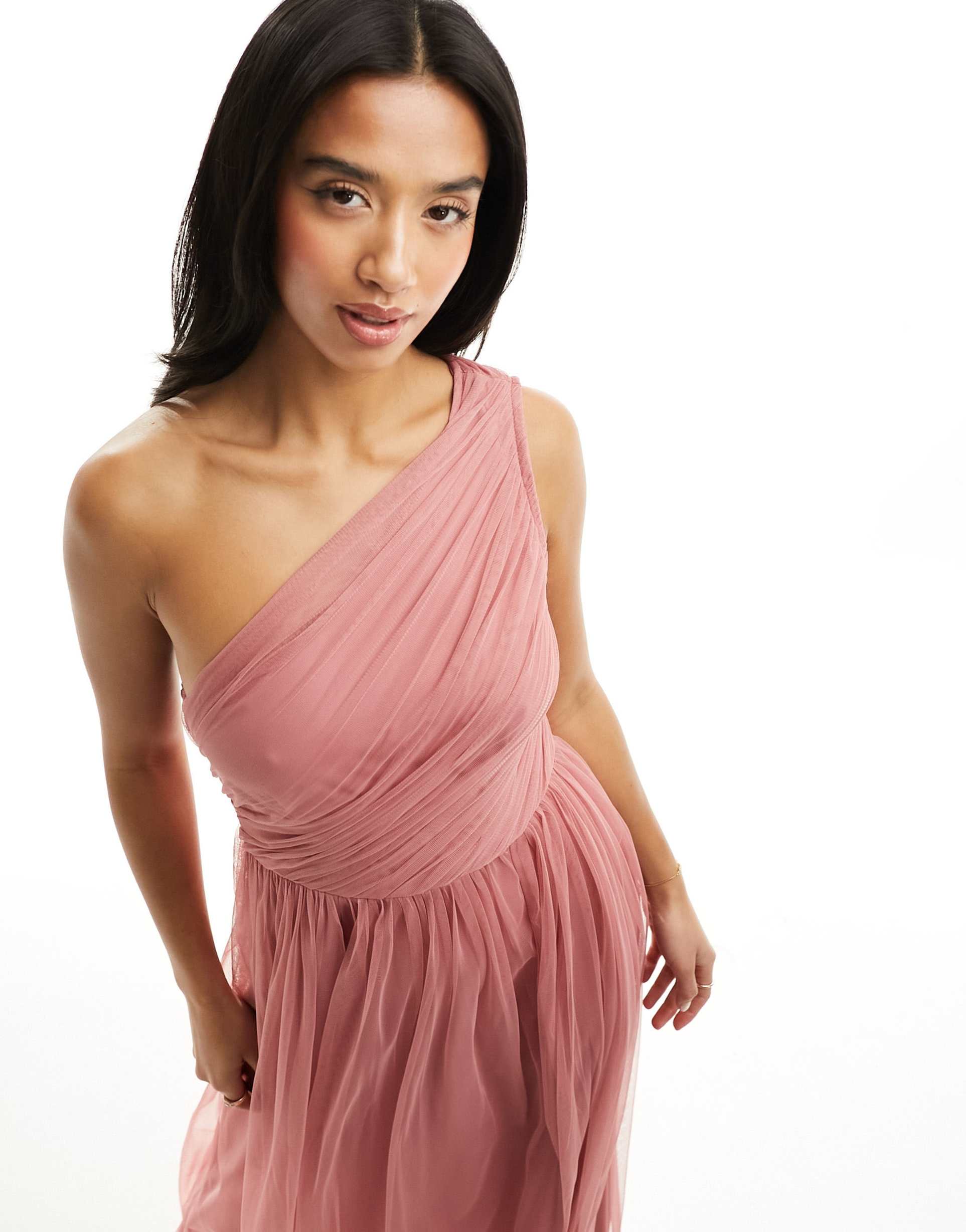 anaya petite bridesmaid tulle one shoulder maxi dress in dusty pink