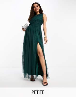 Anaya Petite Bridesmaid tulle one shoulder maxi dress in emerald-Green |  Smart Closet