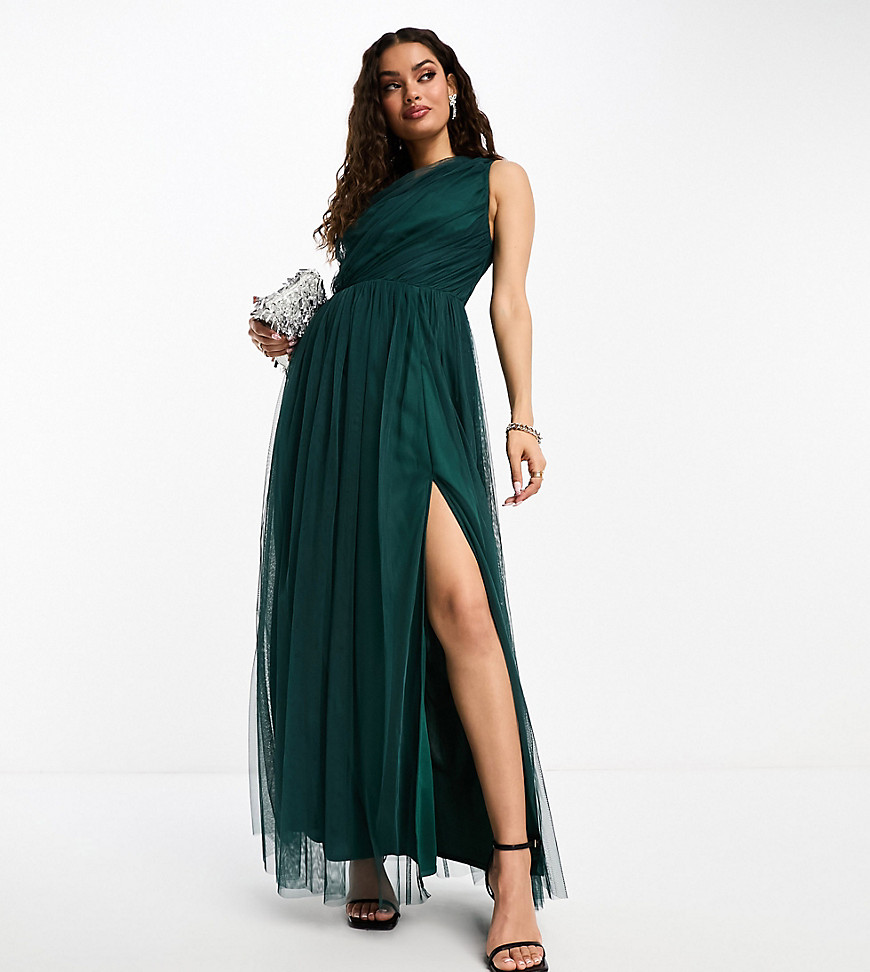 Anaya Petite Bridesmaid tulle one shoulder maxi dress in emerald-Green