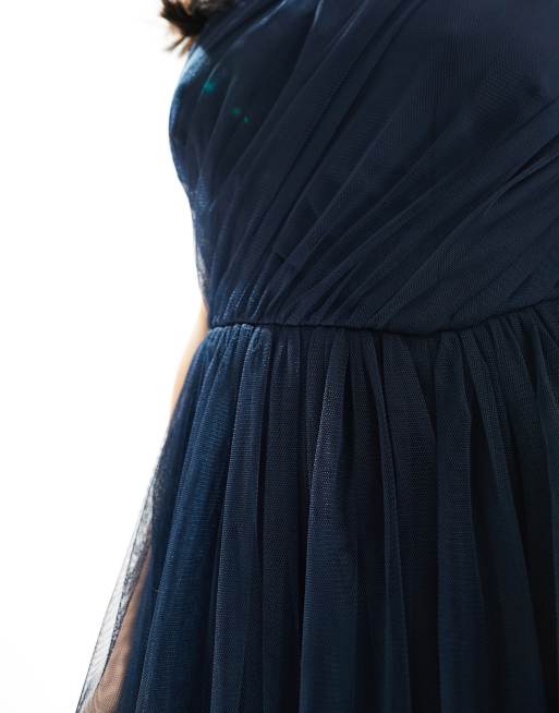 Anaya Petite Bridesmaid tulle one shoulder maxi dress in navy, 2 of 4