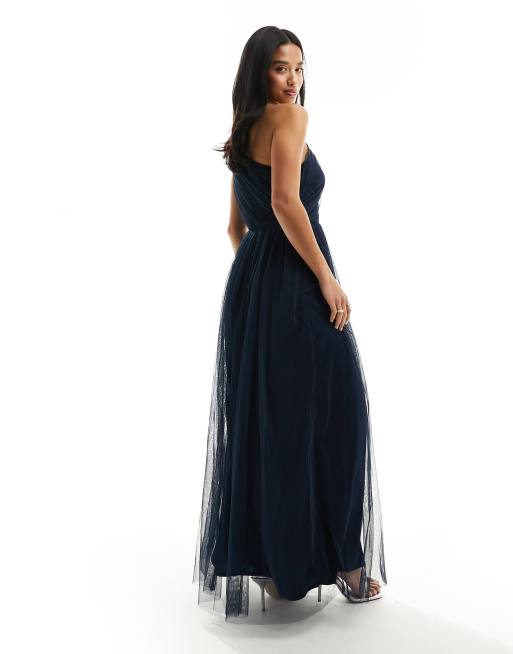 Anaya Petite Bridesmaid tulle one shoulder maxi dress in navy