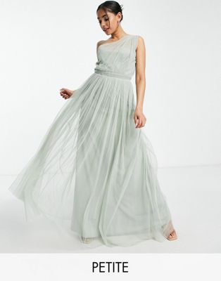 Anaya Petite Bridesmaid tulle one shoulder maxi dress in sage green - ASOS Price Checker