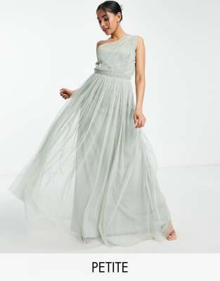 Bridesmaid tulle one shoulder maxi dress in sage green