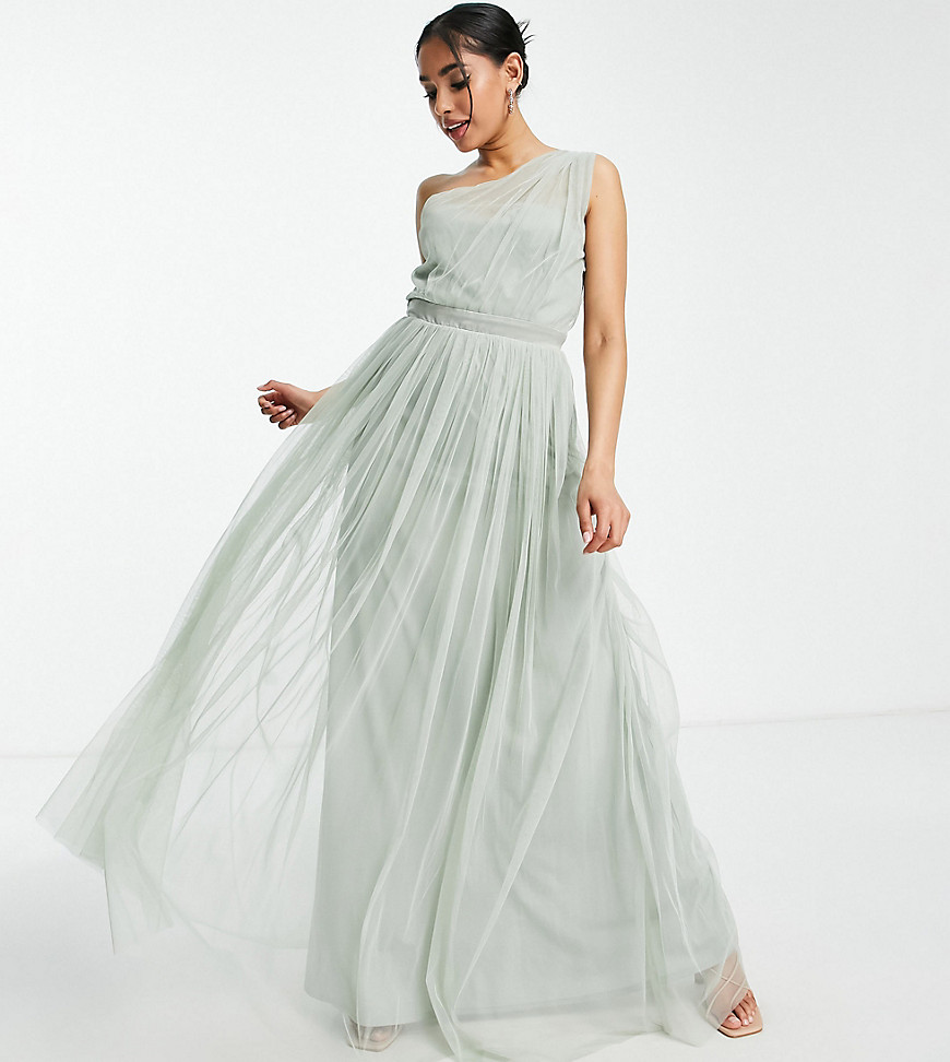 Bridesmaid tulle one shoulder maxi dress in sage green