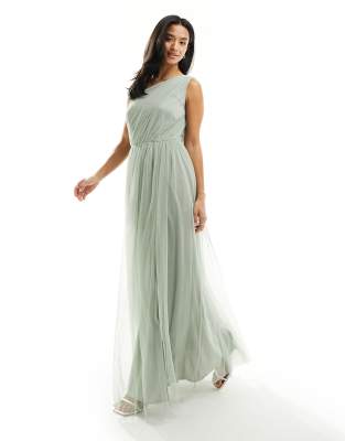 Anaya Petite Bridesmaid tulle one shoulder maxi dress in sage green