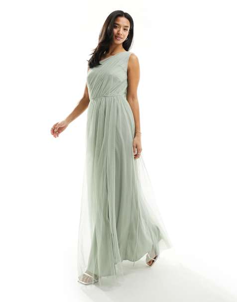 Anaya Petite Bridesmaid tulle one shoulder maxi dress in sage green - view 1