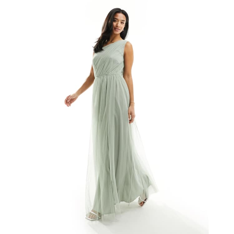 Anaya Petite Bridesmaid tulle one shoulder maxi dress in sage green | ASOS