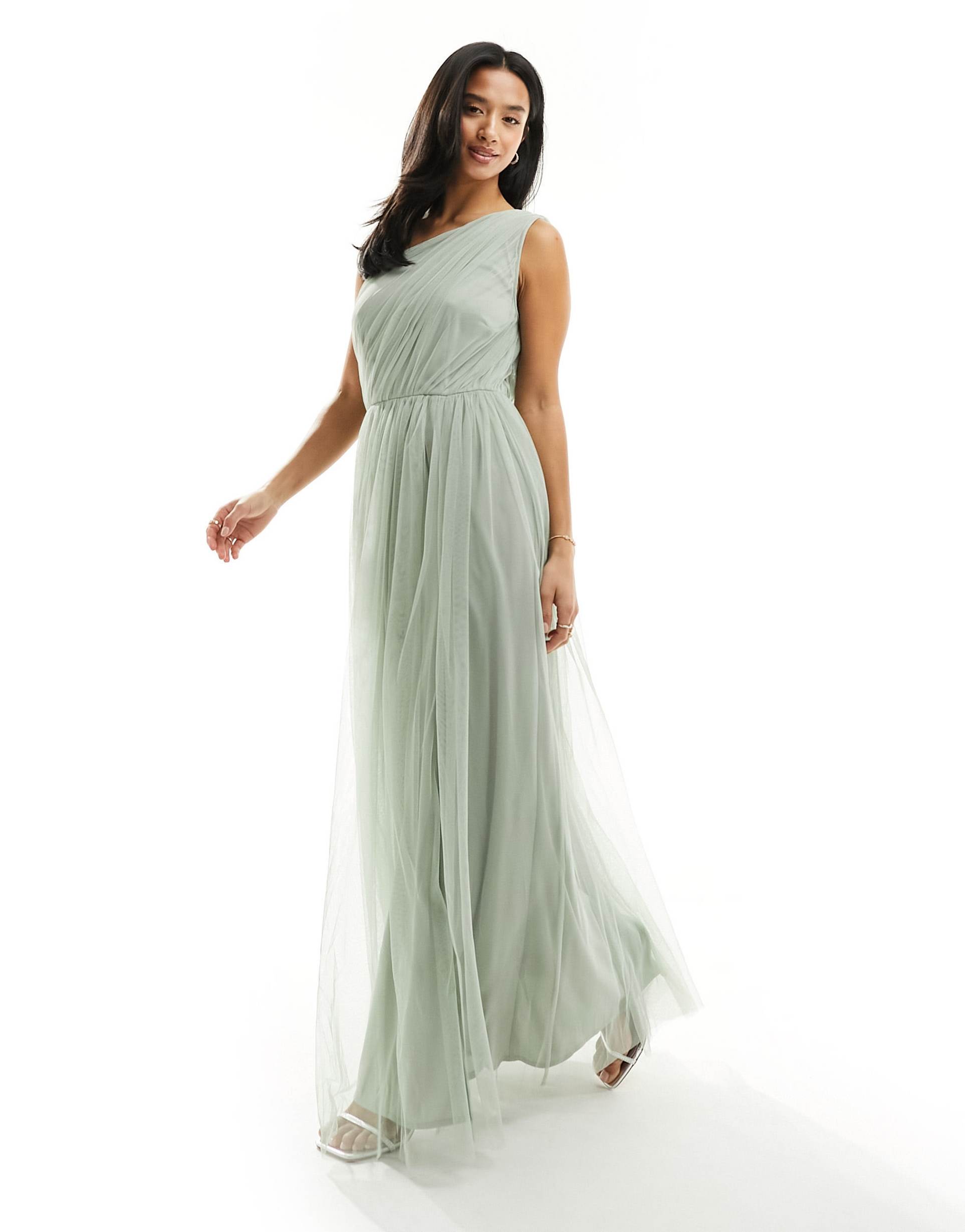 anaya petite bridesmaid tulle one shoulder maxi dress in sage green