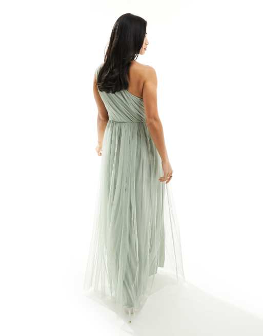 Anaya Petite Bridesmaid tulle one shoulder maxi dress in sage green | ASOS