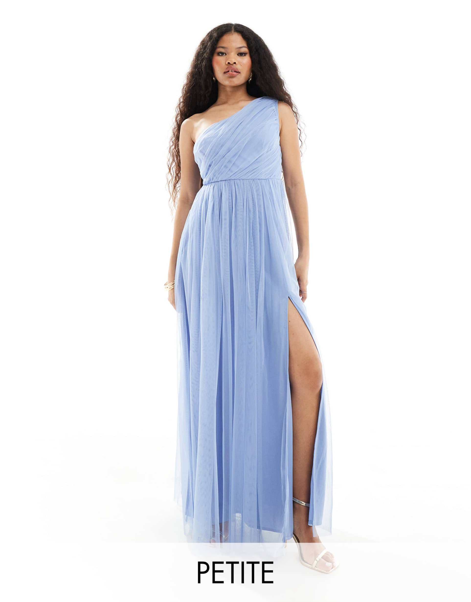 anaya petite bridesmaid tulle one shoulder maxi dress in soft blue