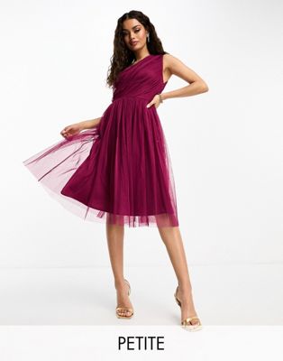 Bridesmaid tulle one shoulder midi dress in berry-Red
