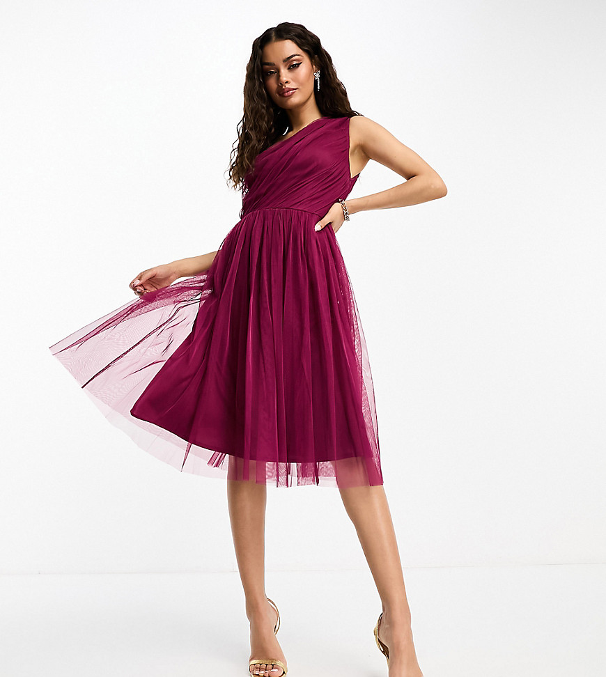 Anaya Petite Bridesmaid tulle one shoulder midi dress in berry-Red