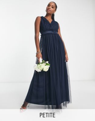 Anaya Petite Bridesmaid v neck ruffle waist maxi dress in sage green