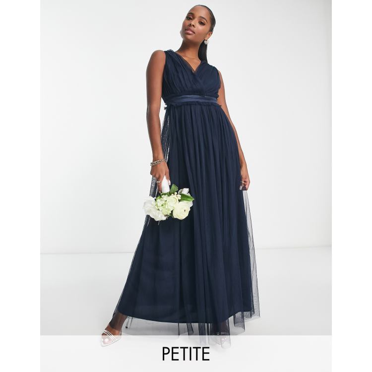 Anaya Petite Bridesmaid v neck ruffle waist maxi dress in navy blue