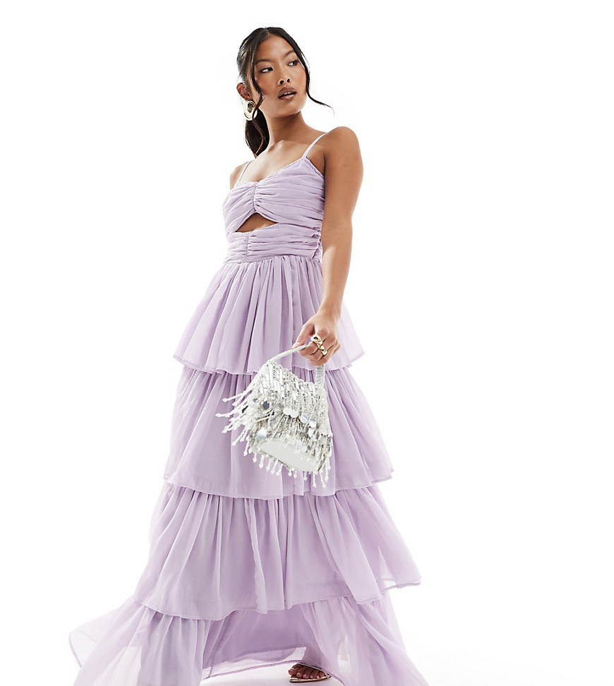Bridesmaids tiered maxi dress with cut out in lavender-Purple