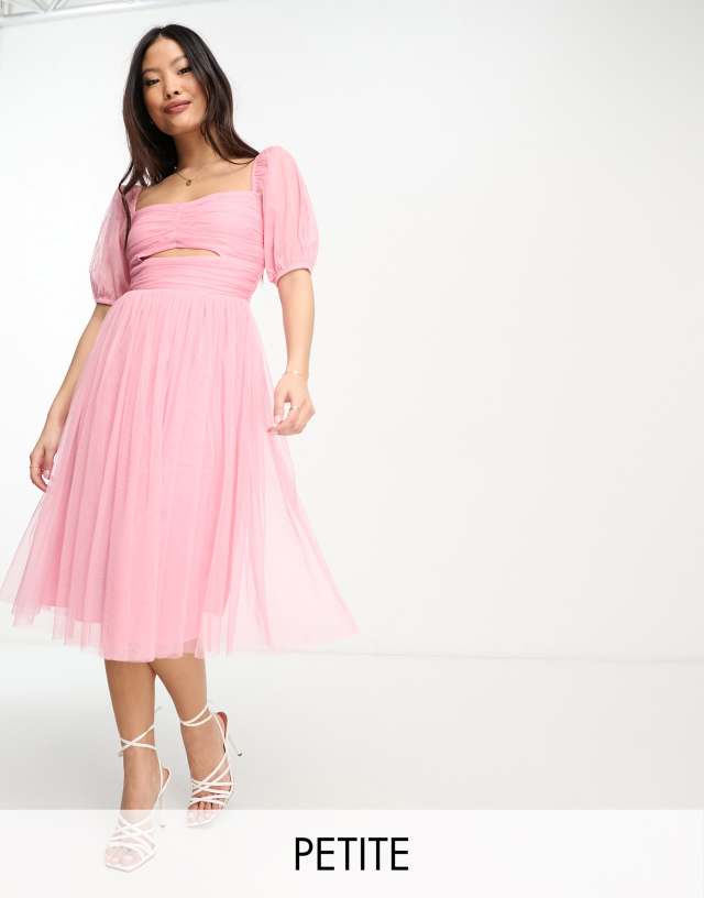 Anaya Petite Cut out puff sleeve midi dress in pink