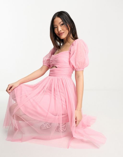 Elegant Evening Party Midi Dress Women Bubble Sleeve Vintage Sweet Dress  Pink