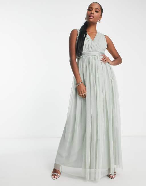 Anaya Petite - L'invitée - Robe longue à col V et taille à volants - Vert sauge, 4 de 4