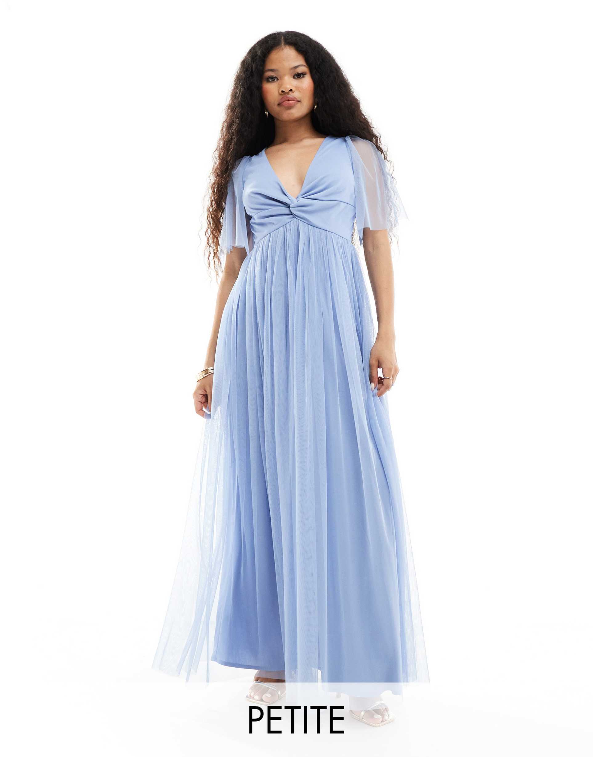 anaya petite twist tulle maxi dress in soft blue