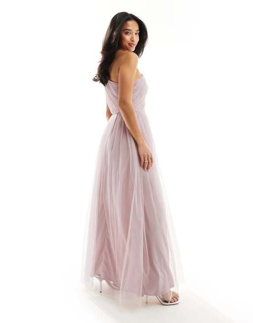 Anaya Petite - Vestito lungo da damigella in tulle rosa monospalla, 4 di 4